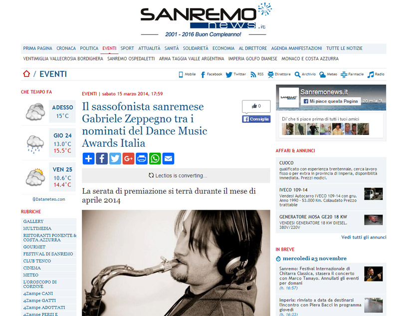 Il sassofonista sanremese Gabriele Zeppegno tra i nominati del Dance Music Awards Italia