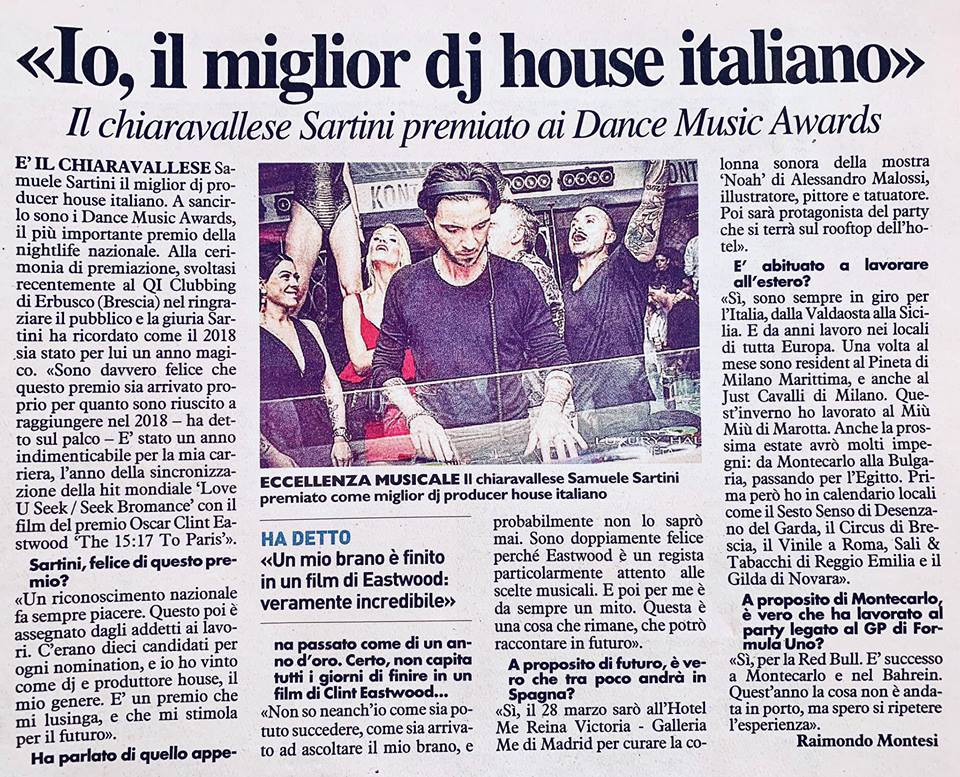 Il chiaravallese Sartini premiato ai Dance Music Awards