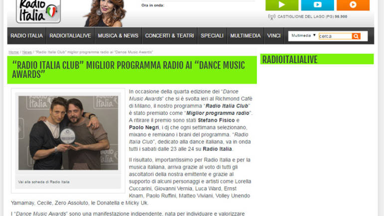 “RADIO ITALIA CLUB” MIGLIOR PROGRAMMA RADIO AI “DANCE MUSIC AWARDS”