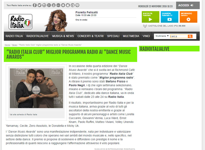 “RADIO ITALIA CLUB” MIGLIOR PROGRAMMA RADIO AI “DANCE MUSIC AWARDS”