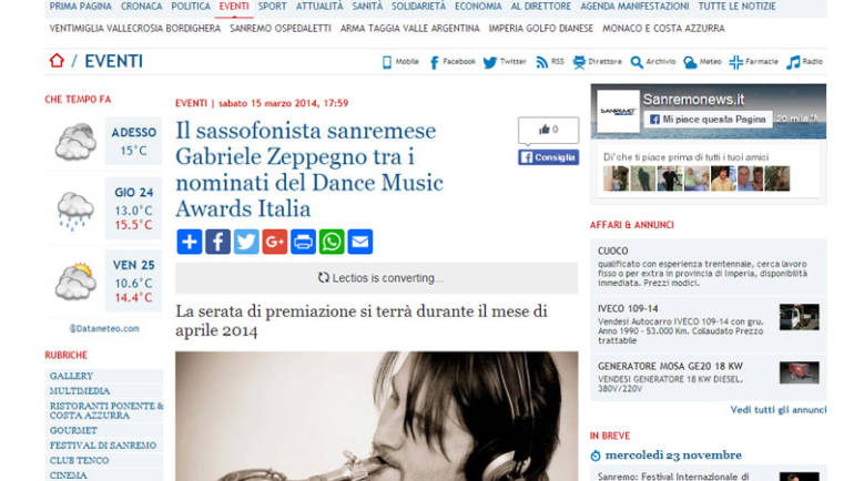 Il sassofonista sanremese Gabriele Zeppegno tra i nominati del Dance Music Awards Italia